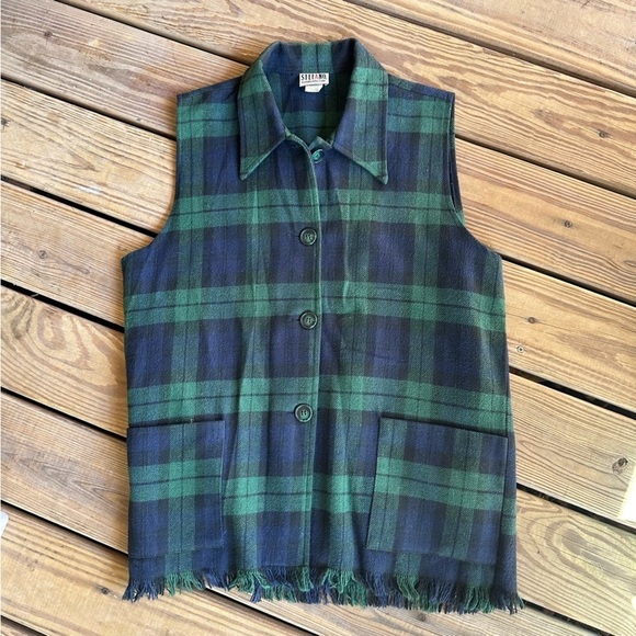 Vintage Stefano International Plaid Sleeveless Button Down Shirt Blue Fringe 80s - Picture 1 of 16